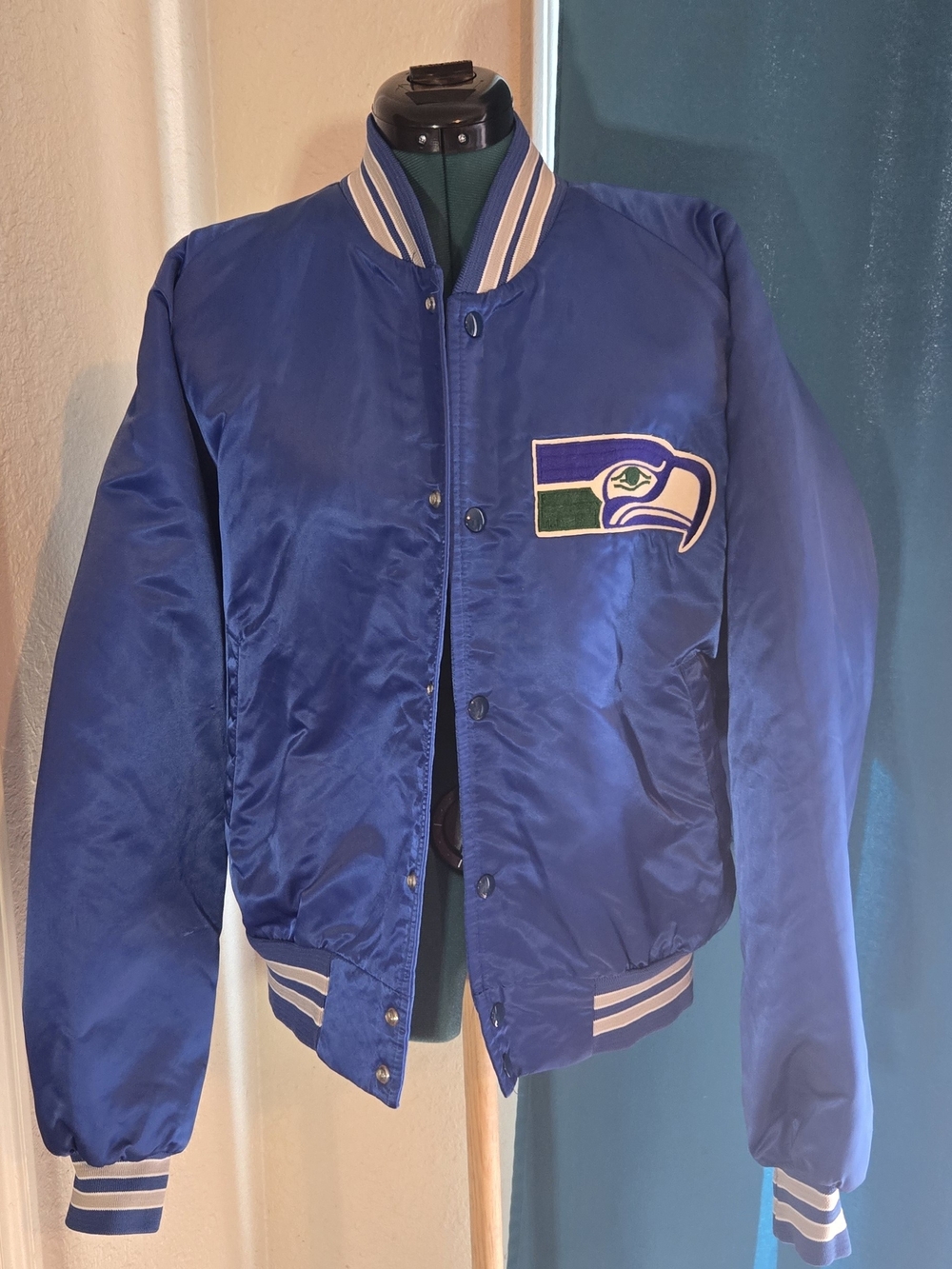 Men's Blue Satin Varsity Bomber Jacket with Team Crest